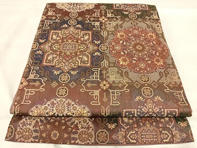 平和屋着物◎六通柄袋帯 幾何学花文 金糸 正絹 逸品 AABJ0303yx