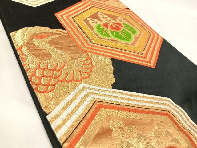平和屋着物◎六通柄袋帯 唐織 吉祥文 鶴 黒地 金糸 正絹 逸品 AABJ0312yx