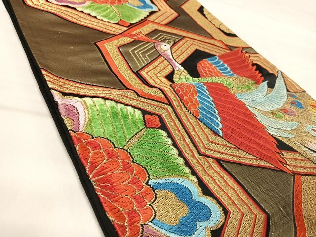 平和屋着物◎六通柄京袋帯 唐織 孔雀花文 黒地 金糸 正絹 逸品 AABJ0318yx