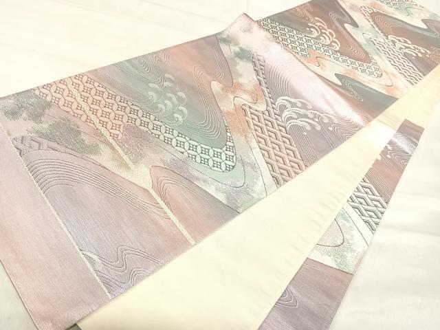 平和屋着物◎西陣 六通柄袋帯 立波文 銀糸 正絹 逸品 AABJ0319yx