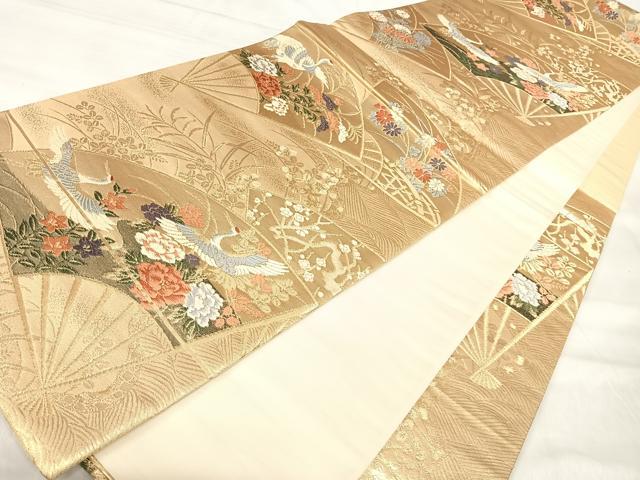 平和屋着物◎六通柄袋帯 唐織 扇面飛鶴花文 金糸 正絹 逸品 AABJ0324yx