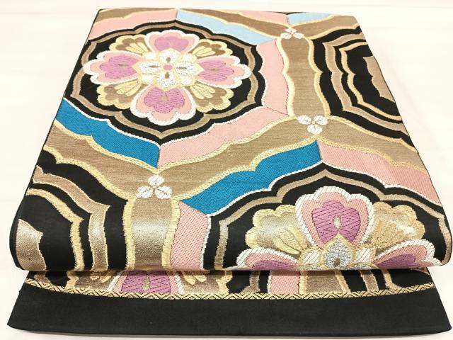 平和屋着物◎六通柄 本袋帯 唐織 草花文 黒地 金銀糸 正絹 逸品 AABJ0327yx