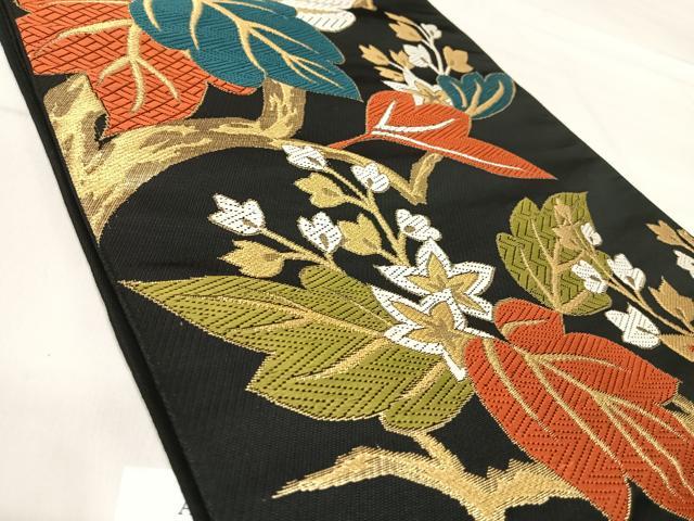 平和屋着物◎六通柄 本袋帯 唐織 桐 黒地 金糸 正絹 逸品 AABJ0331yx