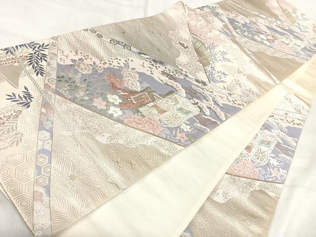 平和屋着物◎六通柄袋帯 唐織 御所車花文 銀糸 正絹 逸品 AABJ0340yx