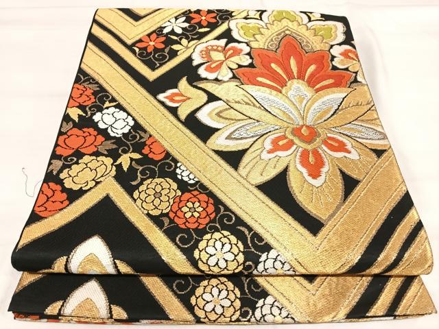 平和屋着物◎六通柄 京本袋帯 唐織 幾何学花文 黒地 金銀糸 三越扱い 正絹 逸品 AABJ0355yx