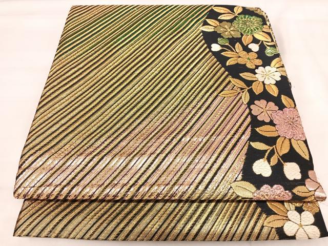 平和屋着物◎両面六通柄袋帯 花間道 黒地 金糸 正絹 逸品 AABJ0365yx