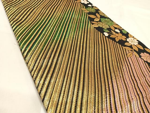 平和屋着物◎両面六通柄袋帯 花間道 黒地 金糸 正絹 逸品 AABJ0365yx