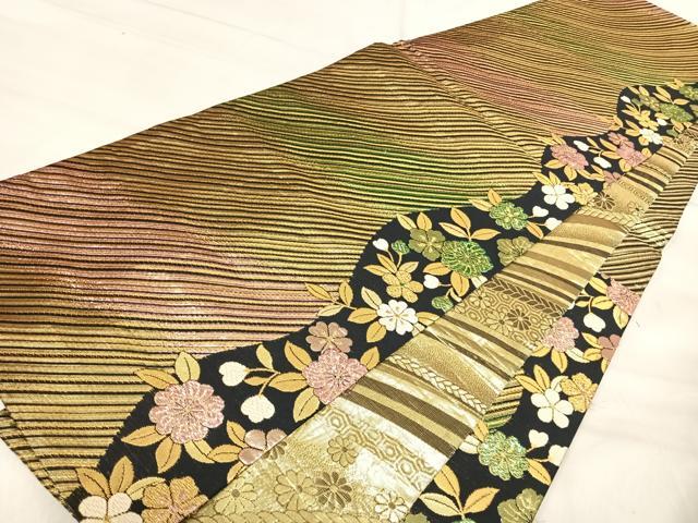 平和屋着物◎両面六通柄袋帯 花間道 黒地 金糸 正絹 逸品 AABJ0365yx