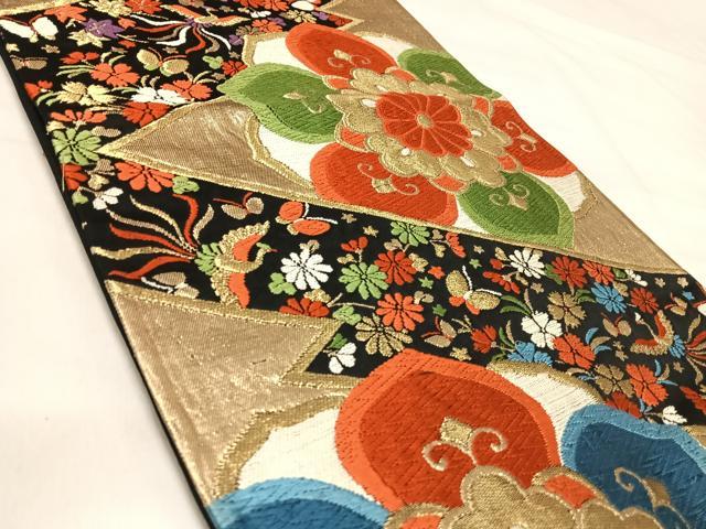平和屋着物◎六通柄袋帯 唐織 花鳥文 黒地 金銀糸 正絹 逸品 AABJ0367yx