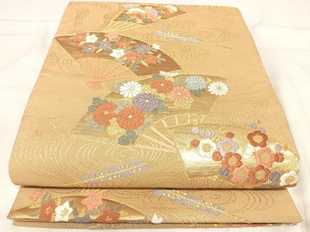 平和屋着物◎六通柄袋帯 唐織 扇面花文 金糸 正絹 逸品 AABJ0379yx