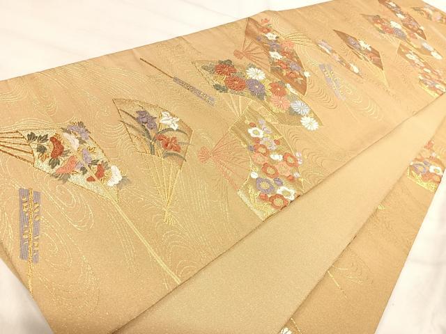 平和屋着物◎六通柄袋帯 唐織 扇面花文 金糸 正絹 逸品 AABJ0379yx