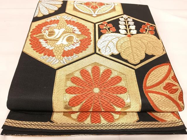 平和屋着物◎六通柄袋帯 唐織 向かい鳥亀甲文 黒地 金銀糸 正絹 逸品 AABJ0380yx