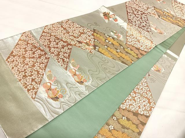 平和屋着物◎西陣 六通柄袋帯 唐織 流水鴛鴦花文 金銀糸 正絹 逸品 AABJ0383yx