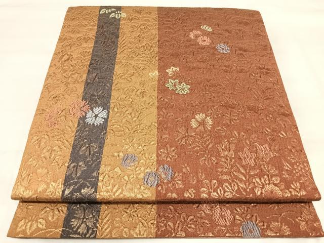 平和屋着物◎六通柄袋帯 ふくれ織 草花文 金糸 正絹 逸品 AABJ0390yx