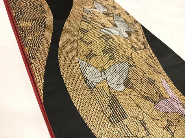 平和屋着物◎六通柄袋帯 舞蝶文 黒地 金銀糸 正絹 逸品 AABJ0391yx