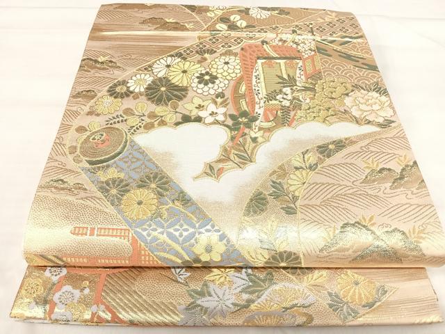 平和屋着物◎六通柄袋帯 唐織 御所車絵巻花文 九百錦 金糸 正絹 逸品 AABJ0397yx