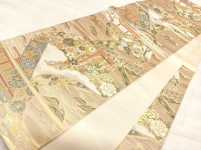 平和屋着物◎六通柄袋帯 唐織 御所車絵巻花文 九百錦 金糸 正絹 逸品 AABJ0397yx