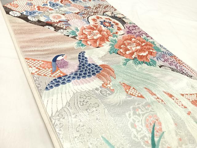 平和屋着物◎六通柄袋帯 唐織 花鳥鼓文 銀糸 正絹 逸品 AABJ0403yx