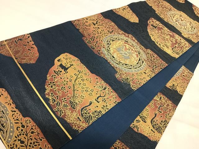 平和屋着物◎六通柄袋帯 狩猟文 金糸 正絹 逸品 AABJ0410yx