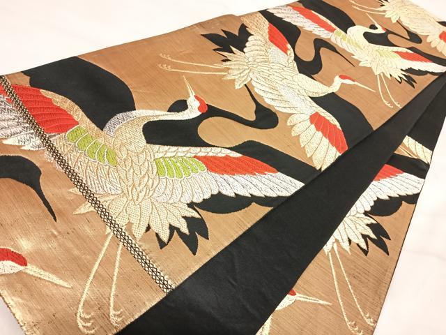 平和屋着物◎六通柄袋帯 唐織 飛鶴文 黒地 金銀糸 正絹 逸品 AABJ0418yx