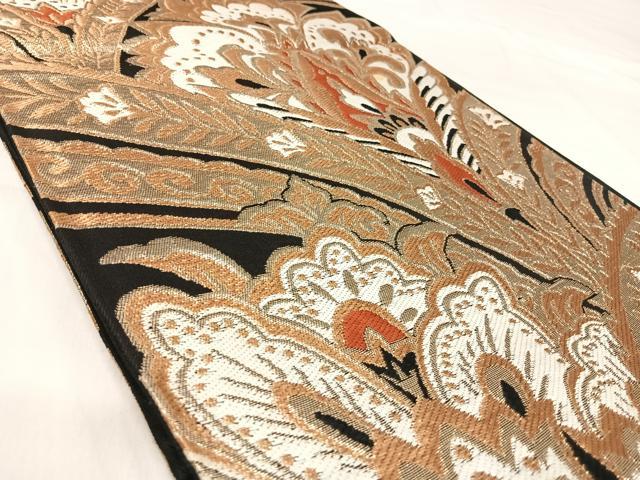 平和屋着物◎六通柄袋帯 唐織 更紗花文 黒地 金糸 正絹 逸品 AABJ0432yx