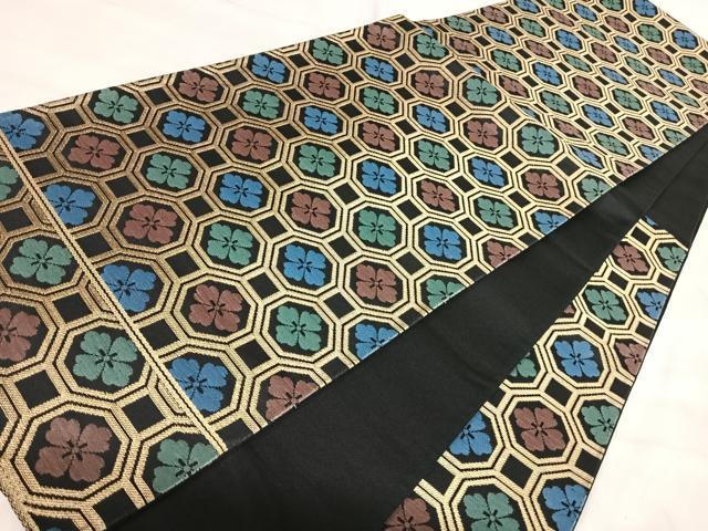 平和屋着物◎六通柄袋帯 蜀江花文 黒地 金糸 正絹 逸品 AABJ0434yx