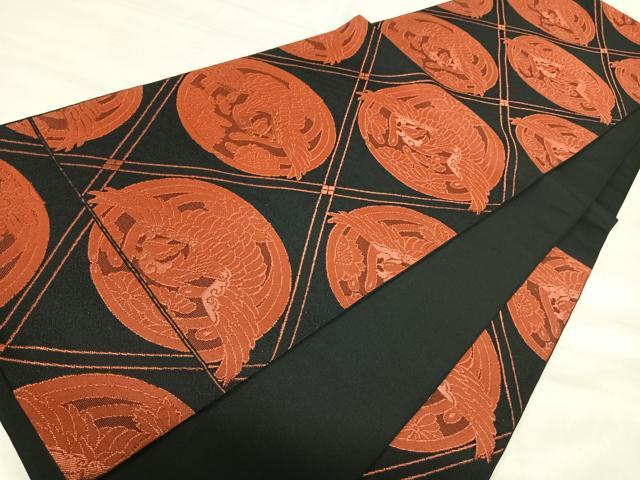平和屋着物◎六通柄 本袋帯 鳳凰丸文 黒地 正絹 逸品 AABJ0436yx
