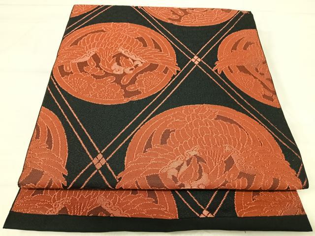 平和屋着物◎六通柄 本袋帯 鳳凰丸文 黒地 正絹 逸品 AABJ0436yx