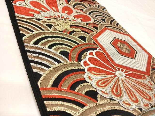 平和屋着物◎六通柄袋帯 唐織 亀甲花文 黒地 金銀糸 正絹 逸品 AABJ0437yx