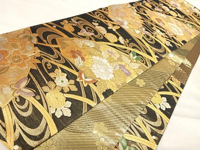 平和屋着物◎佐賀錦 両面 六通柄袋帯 花蝶文 黒地 金銀糸 正絹 逸品 AABJ0439yx