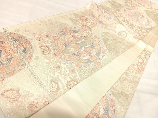 平和屋着物◎六通柄袋帯 唐織 双鶴丸文 銀糸 正絹 逸品 AABJ0440yx