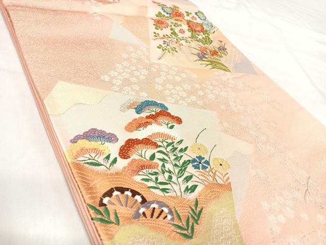 平和屋着物◎六通柄袋帯 唐織 草花文 銀糸 正絹 逸品 AABJ0450yx