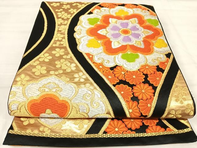 平和屋着物◎六通柄袋帯 唐織 立涌花文 黒地 金銀糸 正絹 逸品 AABJ0452yx