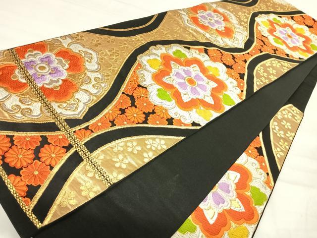 平和屋着物◎六通柄袋帯 唐織 立涌花文 黒地 金銀糸 正絹 逸品 AABJ0452yx
