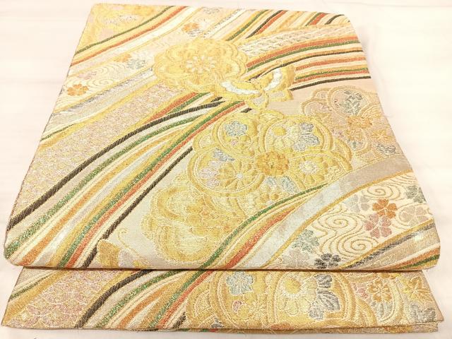 平和屋着物◎佐賀錦 両面 六通柄袋帯 花蝶文 金銀糸 正絹 逸品 AABJ0456yx