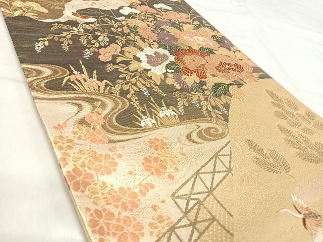 平和屋着物◎六通柄袋帯 唐織 飛鶴花蝶文 金糸 正絹 逸品 AABJ0461yx