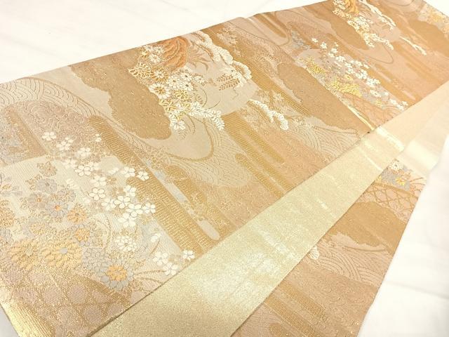 平和屋着物◎六通柄袋帯 雲取り花文 金糸 正絹 逸品 AABJ0462yx