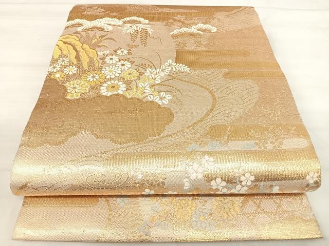 平和屋着物◎六通柄袋帯 雲取り花文 金糸 正絹 逸品 AABJ0462yx
