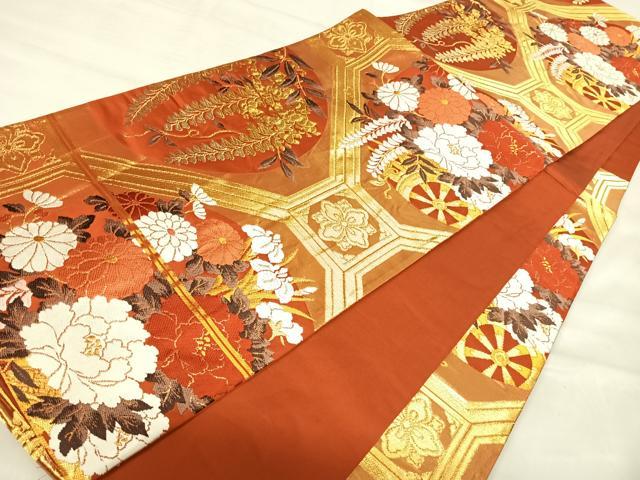 平和屋着物◎六通柄袋帯 唐織 蜀江花車文 金糸 正絹 逸品 AABJ0467yx