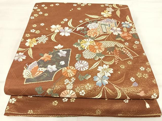 平和屋着物◎六通柄袋帯 唐織 地紙御所車花文 金糸 正絹 逸品 AABJ0472yx
