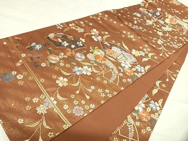 平和屋着物◎六通柄袋帯 唐織 地紙御所車花文 金糸 正絹 逸品 AABJ0472yx