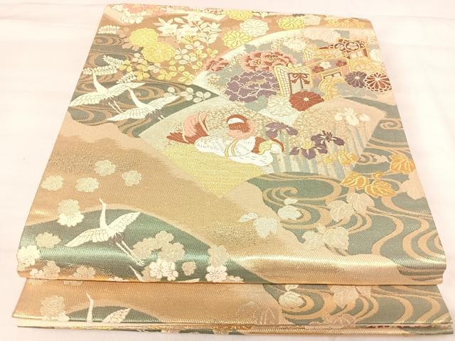 平和屋着物◎六通柄袋帯 唐織 御所車飛鶴文 金銀糸 正絹 逸品 AABJ0477yx