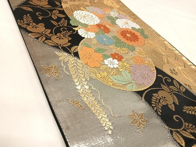 平和屋着物◎六通柄袋帯 唐織 花丸文 黒地 金銀糸 正絹 逸品 AABJ0478yx