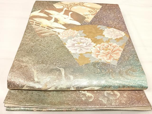 平和屋着物◎六通柄袋帯 唐織 地紙飛鶴花文 金銀糸 正絹 逸品 AABJ0480yx