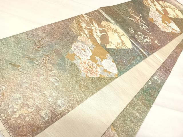 平和屋着物◎六通柄袋帯 唐織 地紙飛鶴花文 金銀糸 正絹 逸品 AABJ0480yx