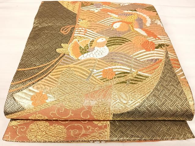 平和屋着物◎佐賀錦 六通柄袋帯 唐織 鴛鴦花文 金糸 正絹 逸品 AABJ0481yx