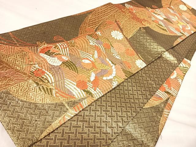 平和屋着物◎佐賀錦 六通柄袋帯 唐織 鴛鴦花文 金糸 正絹 逸品 AABJ0481yx