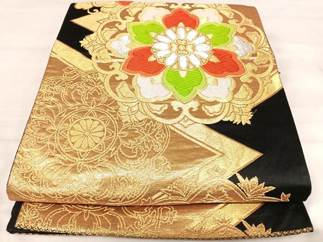 平和屋着物◎六通柄袋帯 唐織 正倉院花文 黒地 金銀糸 正絹 逸品 AABJ0483yx