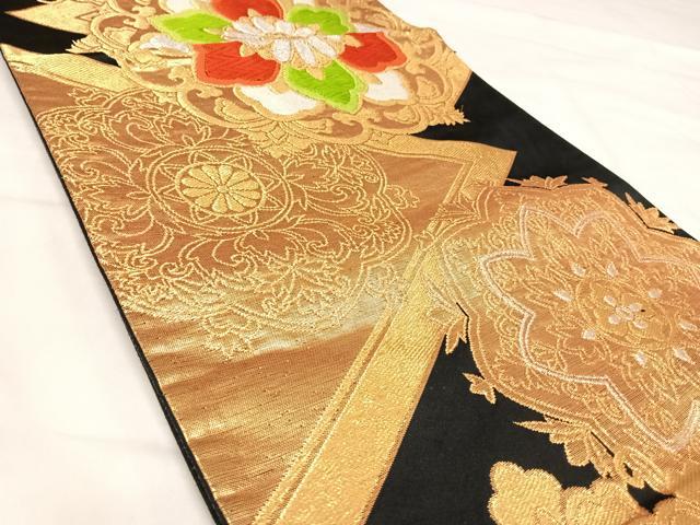 平和屋着物◎六通柄袋帯 唐織 正倉院花文 黒地 金銀糸 正絹 逸品 AABJ0483yx