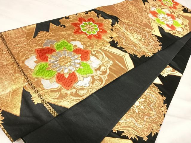 平和屋着物◎六通柄袋帯 唐織 正倉院花文 黒地 金銀糸 正絹 逸品 AABJ0483yx